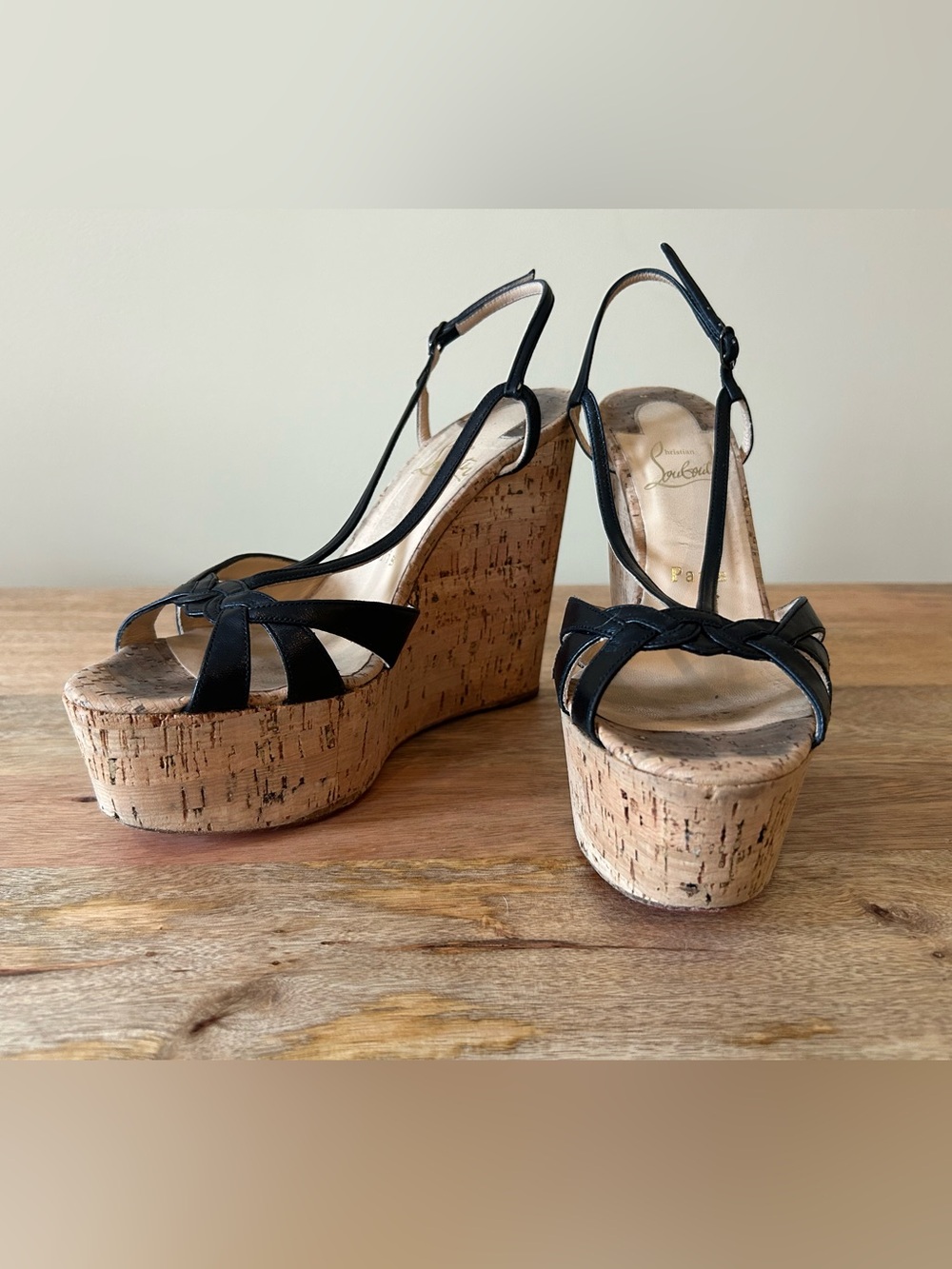 Christian Louboutin Black Leather Cork Platform Wedges